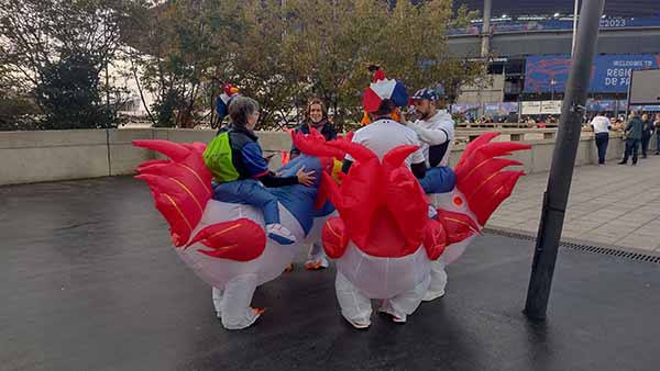 French fans dressed as cockerels